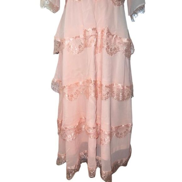 Vintage Inspired Long Pink Layered V Neck Half Sleeves Maxi Dress Women size XL - Picture 8 of 15